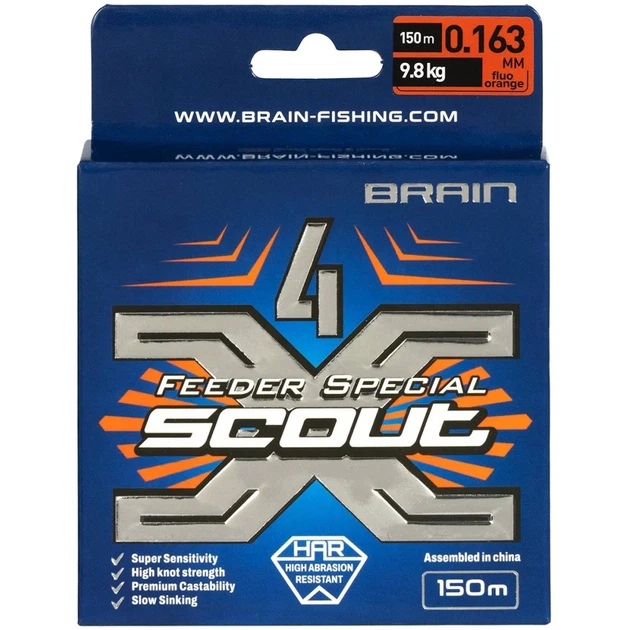 Шнур Brain Scout 4X 150m (fluoro Orange) 0.163mm 9.8kg - изображение 2