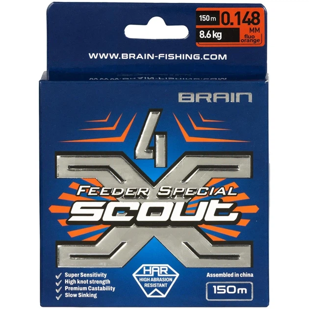 Шнур Brain Scout 4X 150m (fluoro Orange) 0.148mm 8.6kg - изображение 2