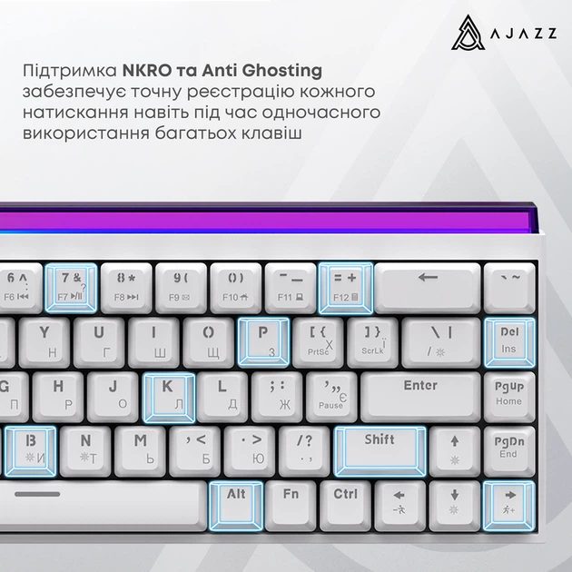 Дротова механічна клавіатура Ajazz NK68 Red switches White (NK68-R-W) - Фото 12 Дротова механічна клавіатура Ajazz NK68 Red switches White (NK68-R-W) - изображение 12