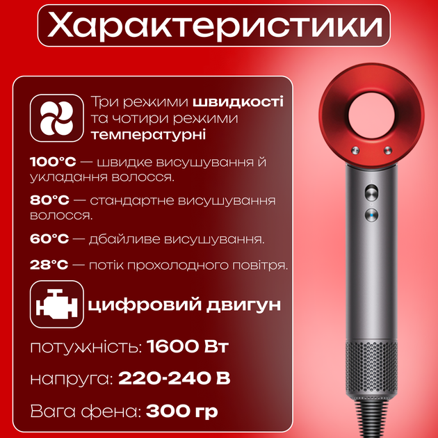 Профессиональный фен Super Hair Dryer 1 насадка по защите волос насадка Концентратор с ионизацией сушка любых волос красный - изображение 2