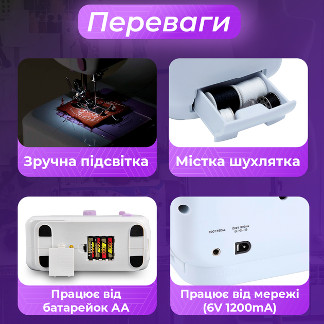 Портативная Домашняя швейная мини машинка для шитья дома 12 в 1 505 электрическая с педалью и оверлком от сети и батареек фиолетовая - изображение 3