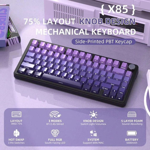 Ігрова механічна клавіатура ATTACK SHARK X85 Gradient Violet - зображення 10