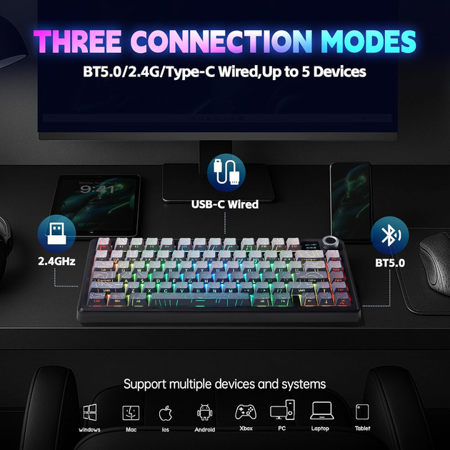 Игровая механическая клавиатура Aula F75 Max / Три режима подключения / LEOBOG Reaper Switch / Black Contour Lines - Фото 5 Игровая механическая клавиатура Aula F75 Max / Три режима подключения / LEOBOG Reaper Switch / Black Contour Lines - изображение 5