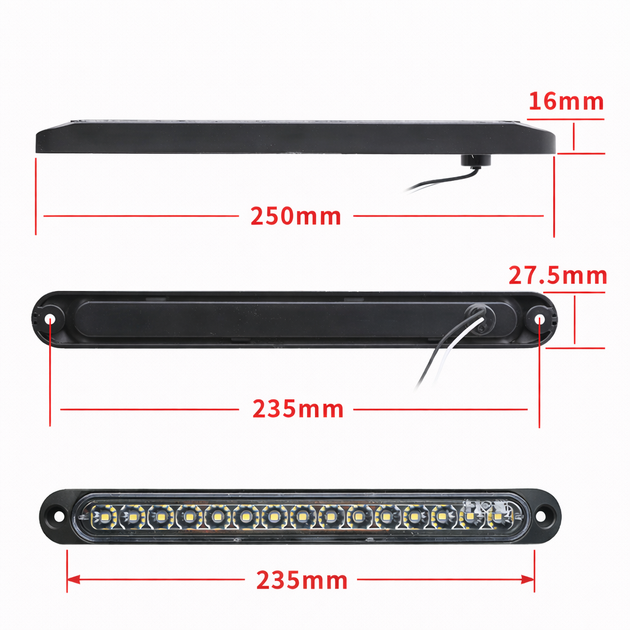Габаритний світлодіодний LED ліхтар 15 діодів 250×28×16 мм (12–24V) білого світіння (статичний/хвиля режим) для вантажівок та причепів - зображення 3