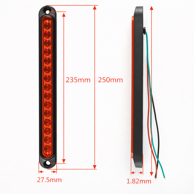 Габаритний світлодіодний LED ліхтар 15 діодів 250×28×19 мм (12–24V) червоного світіння (статичний/тьмяний режим) для вантажівок та причепів - зображення 3