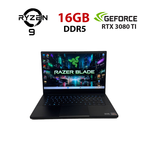 Ігровий ультрабук Razer Blade 14 RZ09-0427 / 14" (2560x1440) IPS / AMD Ryzen 9 6900HX (8 (16) ядер по 3,3 - 4,9 ГГц) / 16 ГБ DDR5 / 512 ГБ SSD NVMe / nVidia GeForce RTX 3080 Ti, 16 ГБ GDDR6, 256-біт / WebCam б/в - Фото 1 Ігровий ультрабук Razer Blade 14 RZ09-0427 / 14" (2560x1440) IPS / AMD Ryzen 9 6900HX (8 (16) ядер по 3,3 - 4,9 ГГц) / 16 ГБ DDR5 / 512 ГБ SSD NVMe / nVidia GeForce RTX 3080 Ti, 16 ГБ GDDR6, 256-біт / WebCam б/в - зображення 1