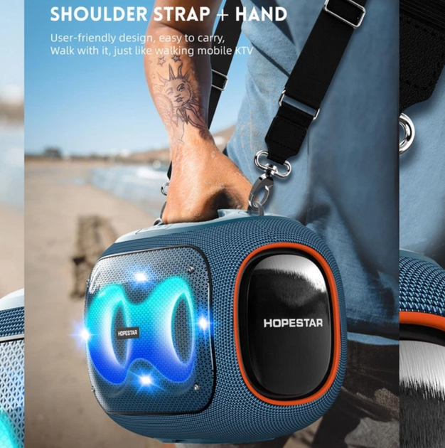 Беспроводная портативная Bluetooth колонка Hopestar PARTYBOX 120 Вт с караоке, 2 беспроводными микрофонами, BT 5.3, USB, AUX, TF, TWS, аккумуляторная, чёрная - изображение 8