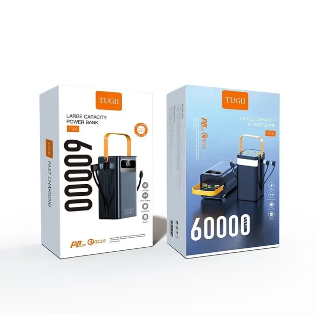 Power bank WUW TUGII Y106 60000 mAh зі швидкою зарядкою, дисплеєм та вбудованими кабелями 4xUSB Black - Фото 1 Power bank WUW TUGII Y106 60000 mAh зі швидкою зарядкою, дисплеєм та вбудованими кабелями 4xUSB Black - зображення 1