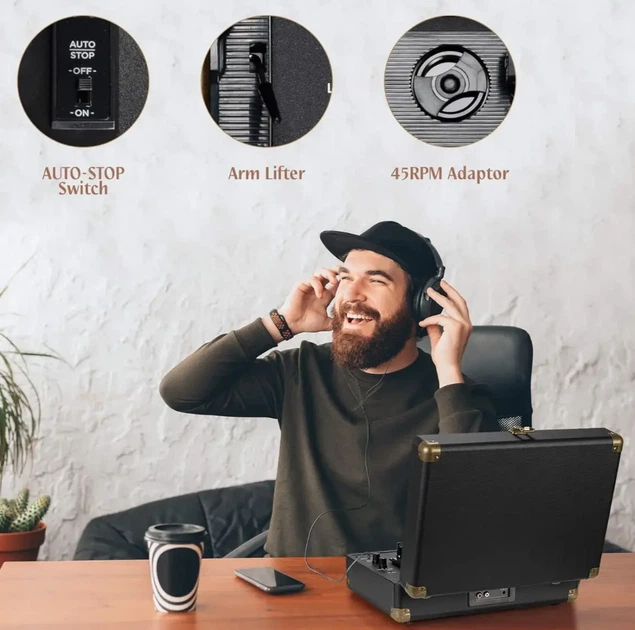 Вінтажний програвач Retrolife у чемодані Вініловий програвач у ретро стилі з Bluetooth динаміками у кейсі, блакитний - зображення 4