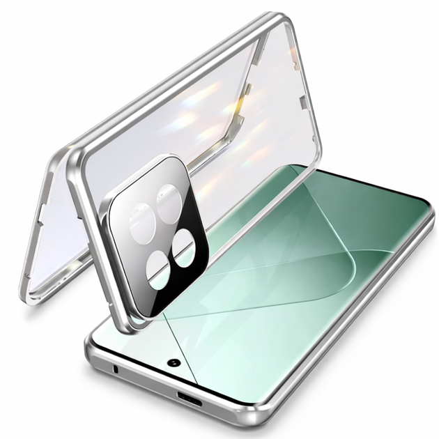 Магнітний чохол Metal Glass 360 для Xiaomi 15T Pro із захистом екрану та камери silver - Фото 1 Магнітний чохол Metal Glass 360 для Xiaomi 15T Pro із захистом екрану та камери silver - зображення 1
