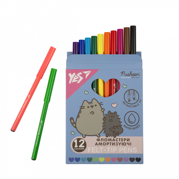 Фломастери Yes 12 кольорів Pusheen, амортизуючі - Фото 3 Фломастери Yes 12 кольорів Pusheen, амортизуючі - зображення 3