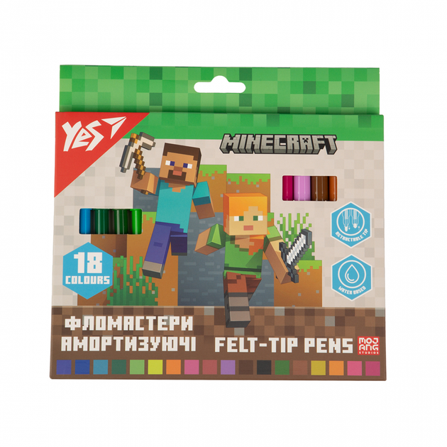Фломастери Minecraft YES 18шт, 18 кольорів амортизуючі - Фото 1 Фломастери Minecraft YES 18шт, 18 кольорів амортизуючі - зображення 1