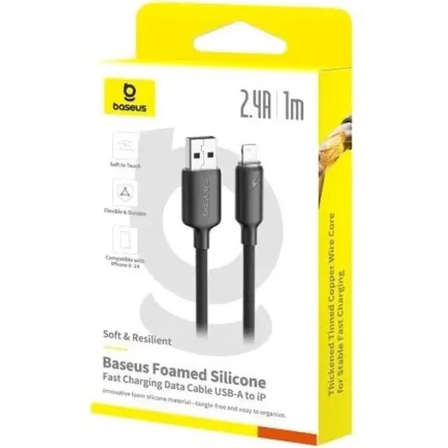 Кабель Baseus USB to Lightning Foamed Silicone 2,4A 1m Black E0426900 - Фото 3 Кабель Baseus USB to Lightning Foamed Silicone 2,4A 1m Black E0426900 - зображення 3