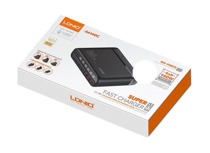 Сетевое зарядное устройство 140W 6 USB разъемов LED дисплей черный LDNIO A6140C GaN - изображение 6