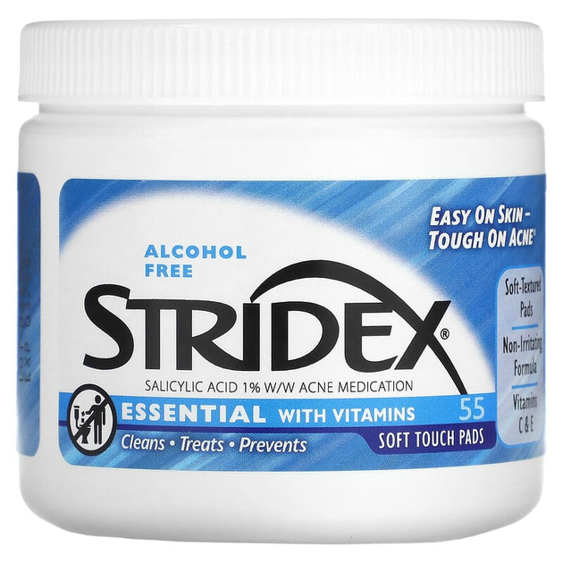 Салфетки от акне Stridex, Essential with Vitamins, без спирта с 1% салициловой кислоты и витаминами, 55 мягких салфеток - Фото 4 Салфетки от акне Stridex, Essential with Vitamins, без спирта с 1% салициловой кислоты и витаминами, 55 мягких салфеток - изображение 4