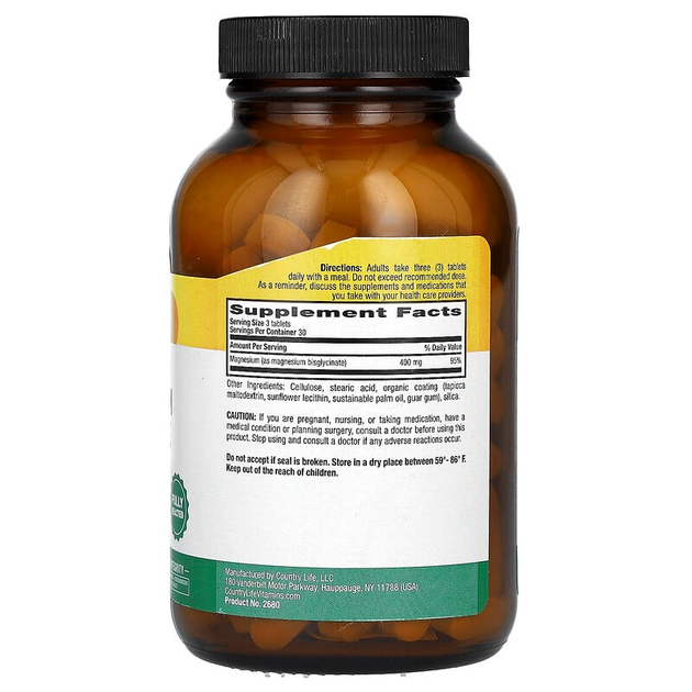 Хелатный глицинат магния Country Life "Chelated Magnesium Glycinate" для здоровья сердца, костей и мышц, 133 мг в 1 таблетке / 400 мг на порцию (90 таблеток) - Фото 2 Хелатный глицинат магния Country Life "Chelated Magnesium Glycinate" для здоровья сердца, костей и мышц, 133 мг в 1 таблетке / 400 мг на порцию (90 таблеток) - изображение 2