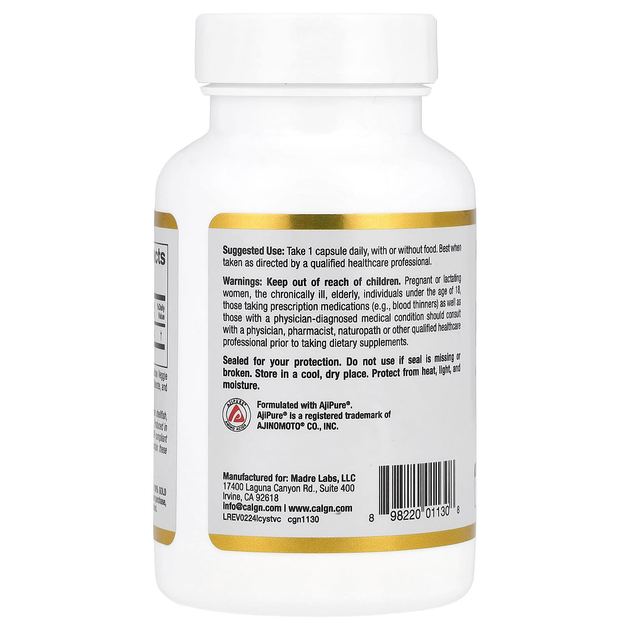L-Цистеин California GOLD Nutrition "L-Cysteine" AjiPure, аминокислота для здоровья кожи, волос и ногтей, 500 мг (60 растительных капсул) - изображение 3