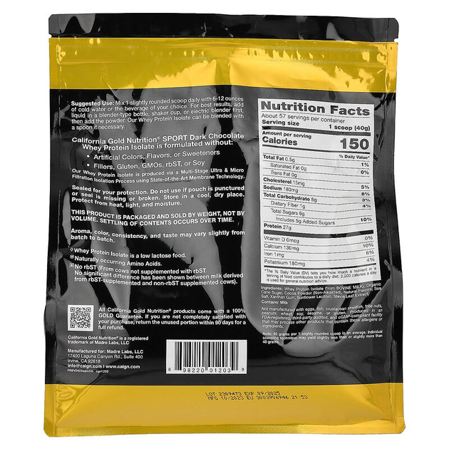Изолят сывороточного протеина California GOLD Nutrition, SPORT "Dark Chocolate Whey Protein Isolate" вкус шоколада (2270 г) - изображение 2