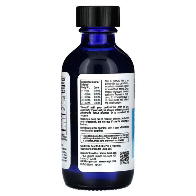 Рыбий жир с ДГК для детей California GOLD Nutrition "Baby's DHA" жирные кислоты с витамином D3, 1050 мг (59 мл) - изображение 4