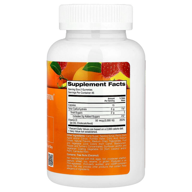 Вітамін Д3 California GOLD Nutrition, Gummies "Vitamin D3" для дітей та дорослих зі смаком лимона, апельсина та полуниці, 25 мкг / 1000 МО (90 жувальних цукерок) - зображення 2