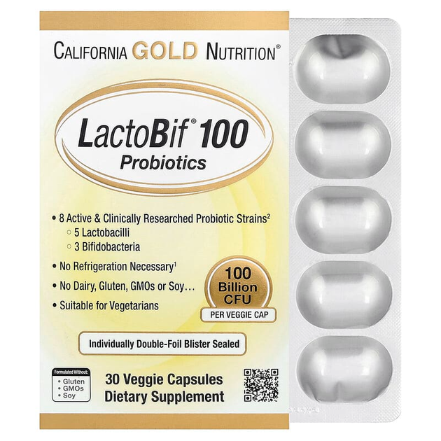 Пробіотики California GOLD Nutrition "LactoBif 100" 8 активних штамів, 100 млрд ДЕЩО (30 капсул) - Фото 1 Пробіотики California GOLD Nutrition "LactoBif 100" 8 активних штамів, 100 млрд ДЕЩО (30 капсул) - зображення 1