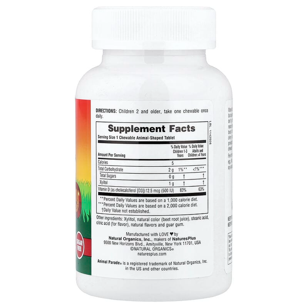 Вітамін D3 для дітей nature's Plus, Animal Parade "Vitamin D3" смак черешні, 500 МО (90 жувальних таблеток) - зображення 2