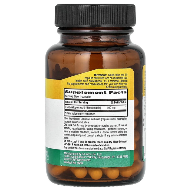 R-Альфа-липоевая кислота Country Life "R-Lipoic Acid" тиоктовая кислота, 100 мг (60 капсул) - изображение 2