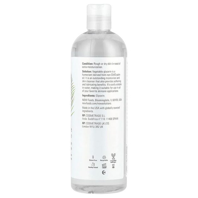 Рослинний гліцерин NOW Foods, Solutions "Vegetable Glycerine" для зволоження і пом'якшення шкіри (473 мл) - зображення 2