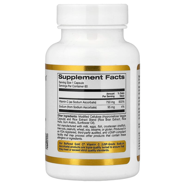 Буферизованный витамин С, California GOLD Nutrition "Buffered Gold C" аскорбат натрия, 750 мг (60 капсул) - Фото 2 Буферизованный витамин С, California GOLD Nutrition "Buffered Gold C" аскорбат натрия, 750 мг (60 капсул) - изображение 2