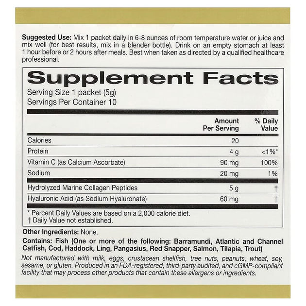 Пептиды морского коллагена California GOLD Nutrition "CollagenUP" гидролизованный рыбий 1 и 3 типа с гиалуроновой кислотой и витамином C для волос, кожи, ногтей, суставов и костей с нейтральным вкусом, 5000 мг (10 пакетиков по 5 г / 0,18 унции) - изображение 2