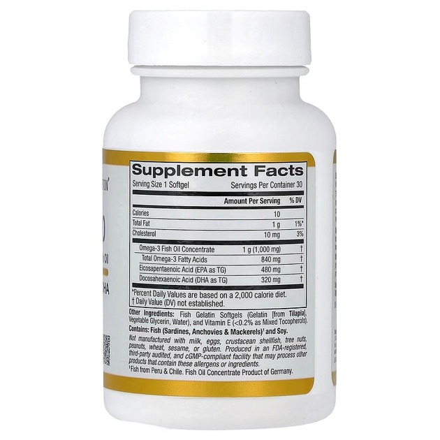 Рыбий жир California GOLD Nutrition "Omega 800" жирные кислоты фармацевтической степени чистоты в форме триглицеридов, 80% ЭПК / ДГК, 1000 мг (30 желатиновых капсул) - изображение 2