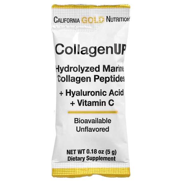 Пептиды морского коллагена California GOLD Nutrition "CollagenUP" гидролизованный рыбий 1 и 3 типа с гиалуроновой кислотой и витамином C для волос, кожи, ногтей, суставов и костей с нейтральным вкусом, 5000 мг (10 пакетиков по 5 г / 0,18 унции) - изображение 3
