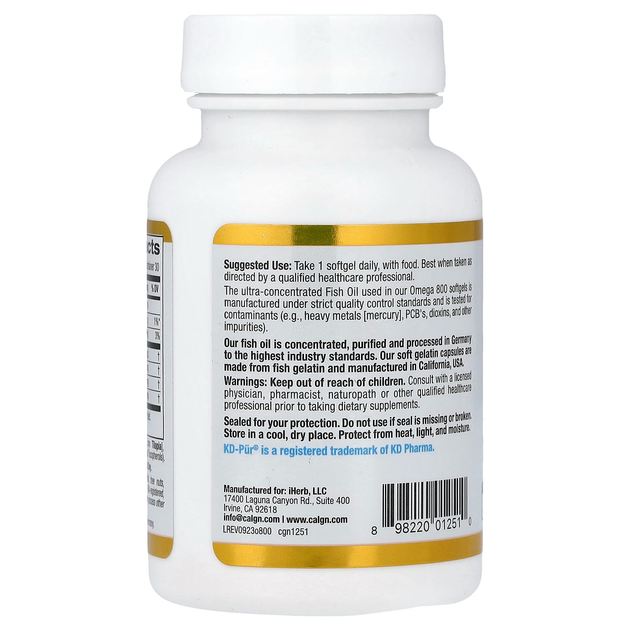 Рыбий жир California GOLD Nutrition "Omega 800" жирные кислоты фармацевтической степени чистоты в форме триглицеридов, 80% ЭПК / ДГК, 1000 мг (30 желатиновых капсул) - изображение 3