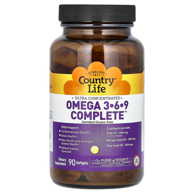 Жирні кислоти Country Life "Ultra Omega 3-6-9 Complete" ультра комплекс омега 3-6-9 зі смаком лимона, 2400 мг (90 капсул) - зображення 3