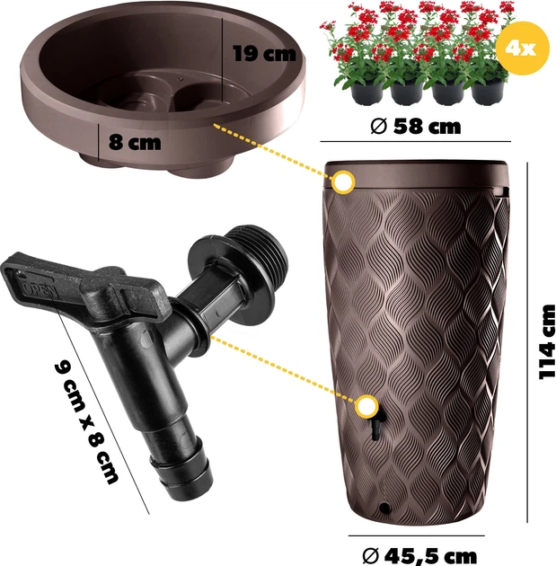 Zbiornik na deszczówkę Kadax Reveret z zestawem przyłączeniowym i podstawką 240 l Brązowy (K10844) - obraz 2