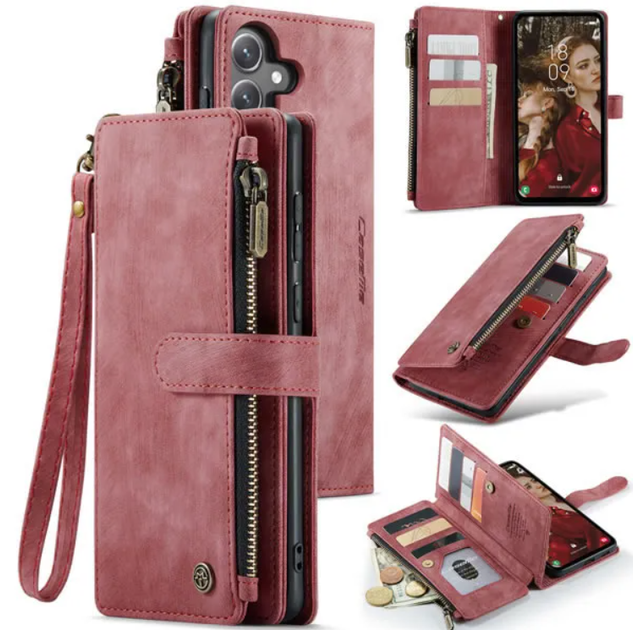 Чехол-кошелек CaseMe Retro Leather с манитом и ремешком для Samsung A14 Бордовый - изображение 3