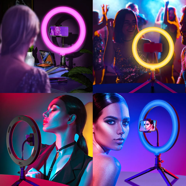 Набор блогера 5в1 Кольцевая разноцветная лампа 45см RGB Selfie Ring light со штативом 2метра, микрофон петличка, монопод трипод и пульт управления камерой - изображение 4