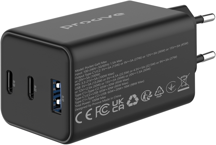Мережевий зарядний пристрій Proove Pocket GaN 65W (2 x Type-C + USB) Black (POCKET GAN 65W USB-C BK) - зображення 4