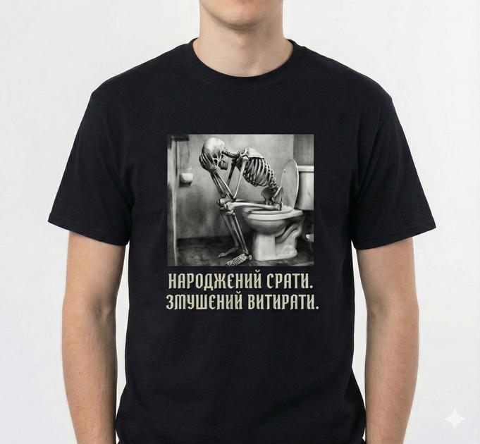Футболка унисекс с принтом - Скелет на унитазе (Рожденный с...ты, вынужденный вытирать) M, чорна - Фото 1 Футболка унисекс с принтом - Скелет на унитазе (Рожденный с...ты, вынужденный вытирать) M, чорна - изображение 1