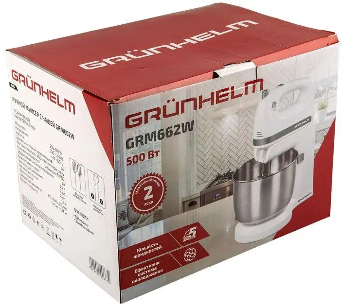 Стационарный ручной миксер Grunhelm GRM662B 500 Вт 3.5 л 5 скоростей с металлической чашей Белый - Фото 7 Стационарный ручной миксер Grunhelm GRM662B 500 Вт 3.5 л 5 скоростей с металлической чашей Белый - изображение 7