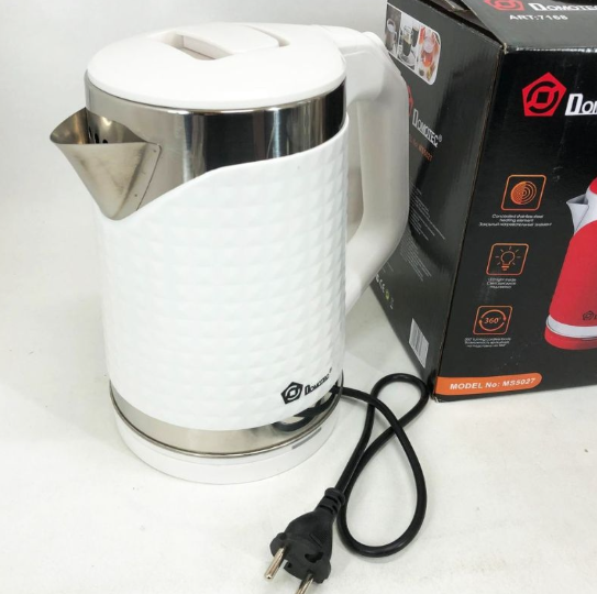 Електрочайник Domotec MS-5027 2 л 2000 Вт чайник з автовимкненням прихованим нагрівальним елементом поворотною базою 360 шкалою рівня води та захистом від перегріву для дому офісу і дачі білий - изображение 8