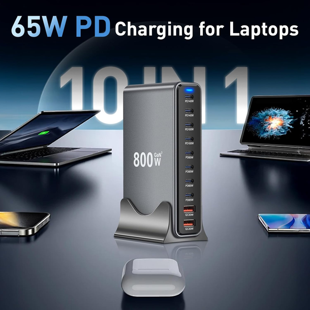 Зарядна станція багатопортова ILEPO 800W на 2 USB + 8 Type-C / мережевий мультизарядний пристрій Black (19022) - зображення 3