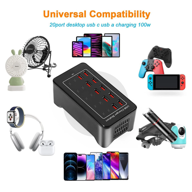 Зарядная станция многопортовая ILEPO на 10 USB портов + 10 Type-C 100 Вт / сетевое мультизарядное устройство (19017) - изображение 2