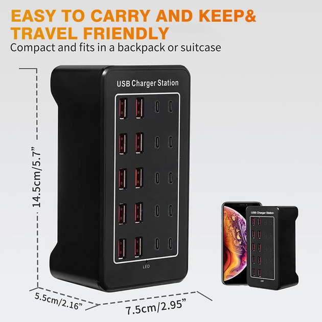 Зарядная станция многопортовая ILEPO на 10 USB портов + 10 Type-C 100 Вт / сетевое мультизарядное устройство (19017) - изображение 3