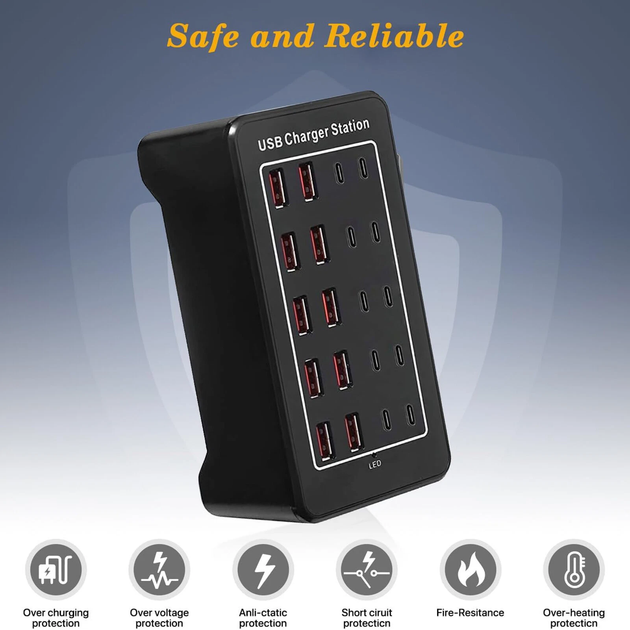 Зарядная станция многопортовая ILEPO на 10 USB портов + 10 Type-C 100 Вт / сетевое мультизарядное устройство (19017) - изображение 6