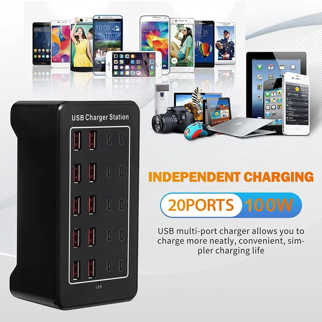 Зарядная станция многопортовая ILEPO на 10 USB портов + 10 Type-C 100 Вт / сетевое мультизарядное устройство (19017) - изображение 7