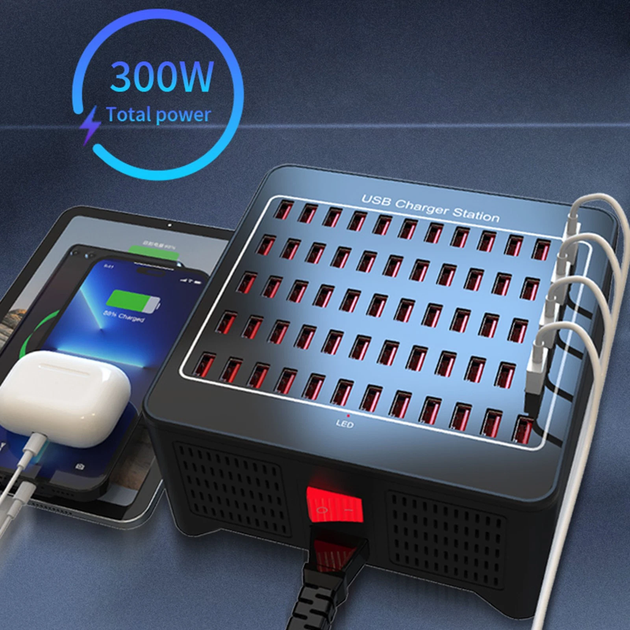 Зарядна станція багатопортова ILEPO на 60 USB портів 300 Вт / мережевий мультизарядний пристрій (19016) - зображення 6