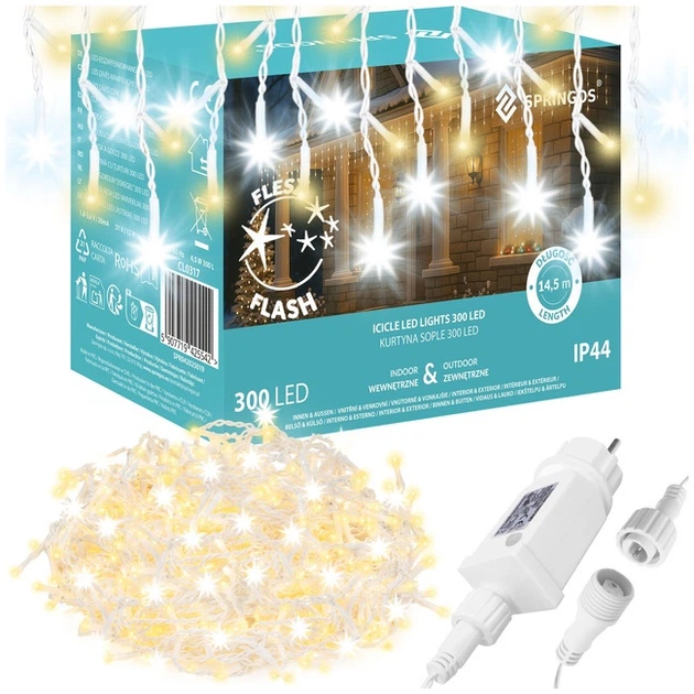 Lampki Springos Kurtyna Sople Flash 300 LED 12 m (5907719425542) - obraz 2