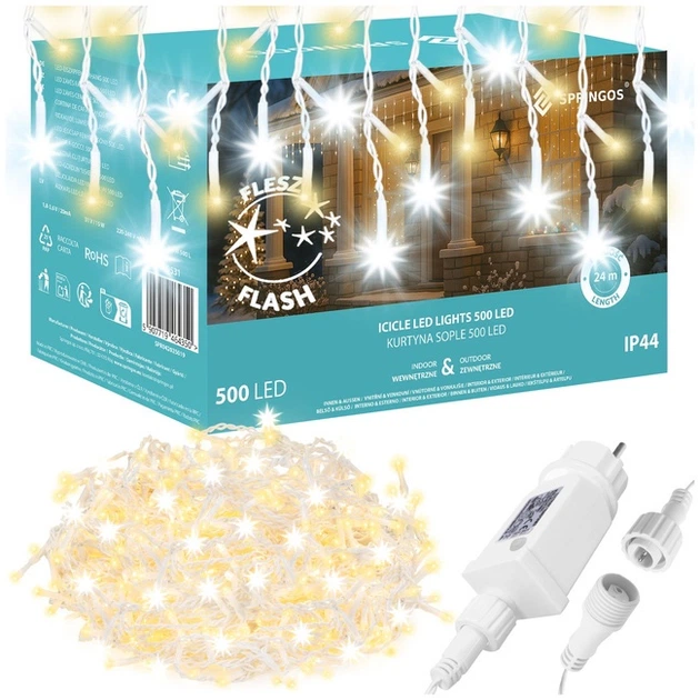 Lampki Springos Kurtyna Sople Flash 500 LED 24 m (5907719464350) - obraz 2