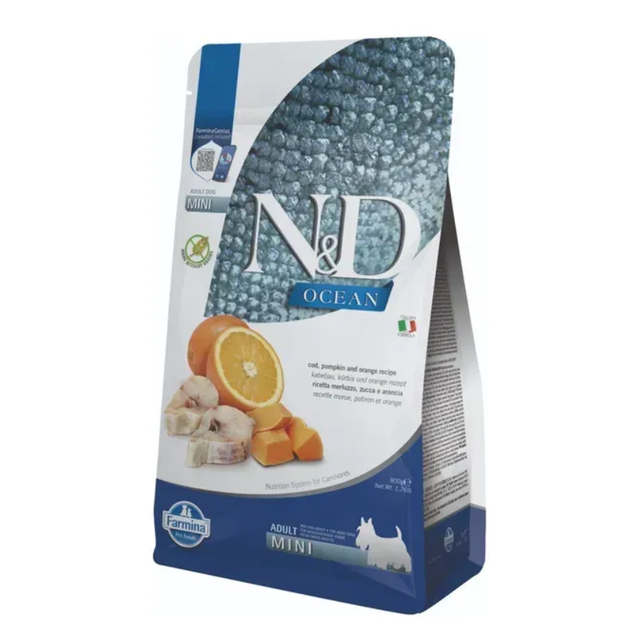 Farmina N & D Grain Free Ocean Adult Mini сухий корм для собак 800 г - тріска, гарбуз та апельсин - Фото 1 Farmina N & D Grain Free Ocean Adult Mini сухий корм для собак 800 г - тріска, гарбуз та апельсин - изображение 1